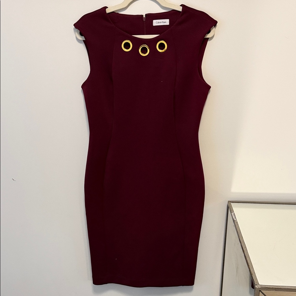 Calvin Klein Wine Sheath Dress with Gold Rings